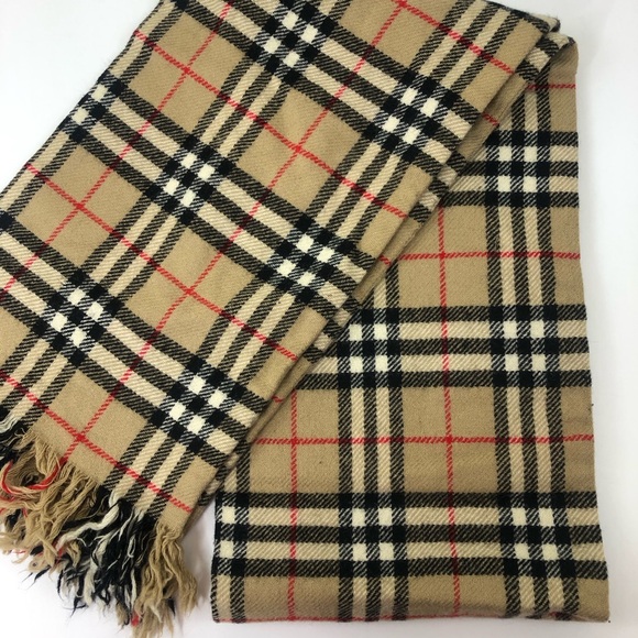 Vintage Burberry’s London Nova Check Plaid Tan Wool Fringe Scarf - Picture 9 of 16